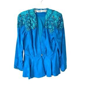 Vintage D’Ore Silk Sequin Beaded Women's Blue Embellished Jacket size 14